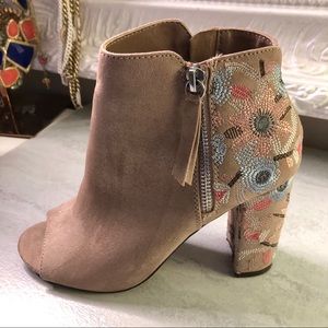 SO embroidered floral open toe ankle booties